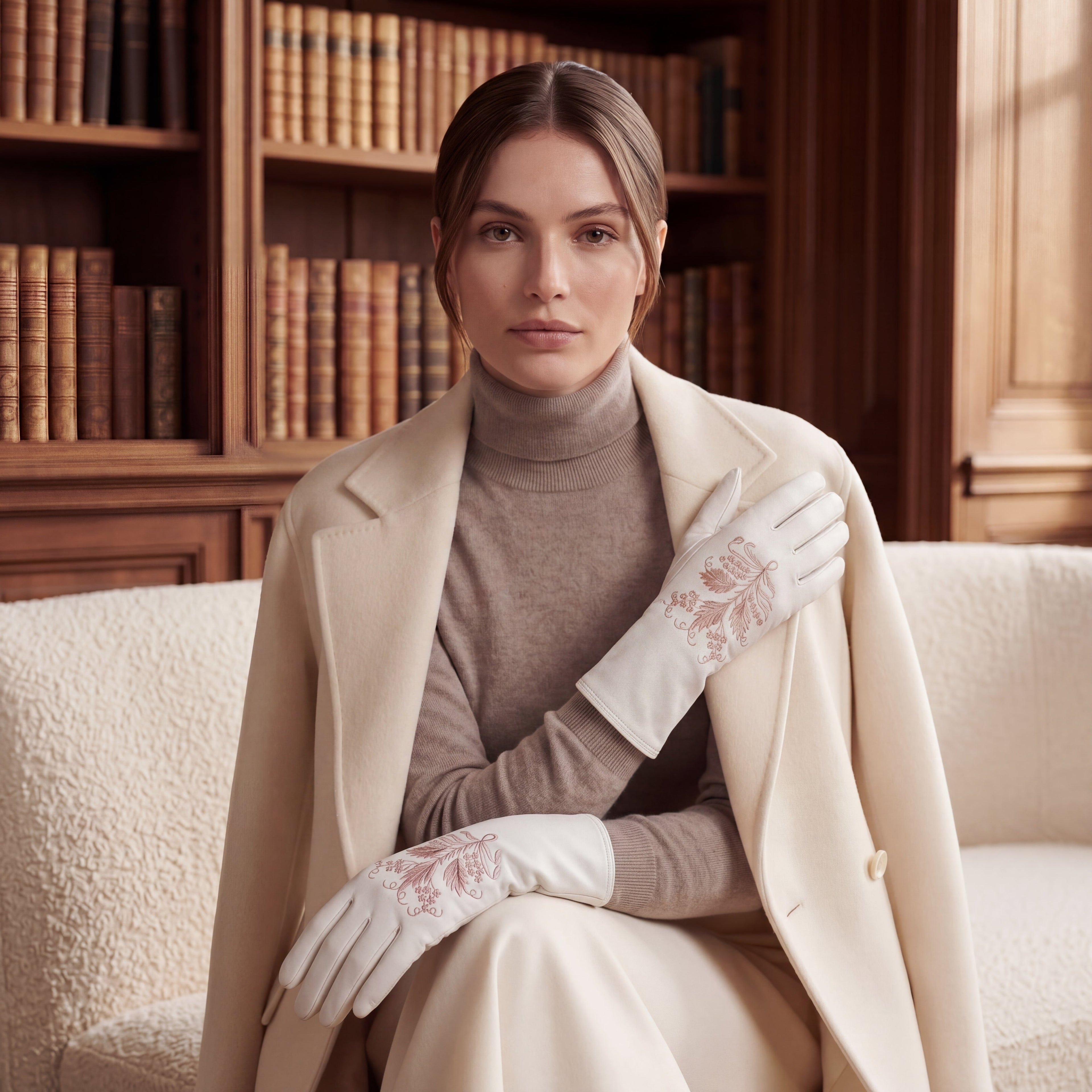 PZ01P (white) - Unlined embroidered Italian lambskin leather gloves