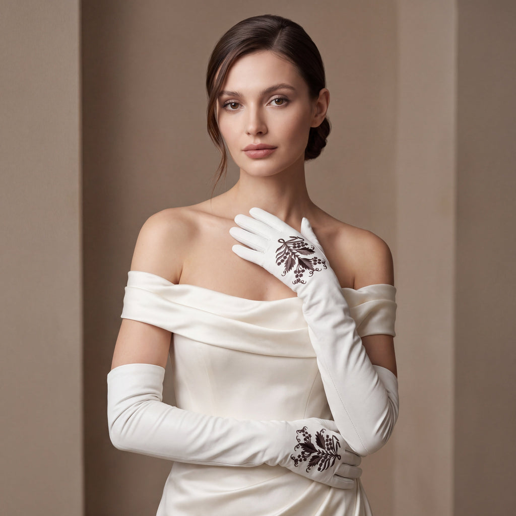 PZ01W14G (white) - Unlined Italian lambskin 16-button opera gloves with embroidery
