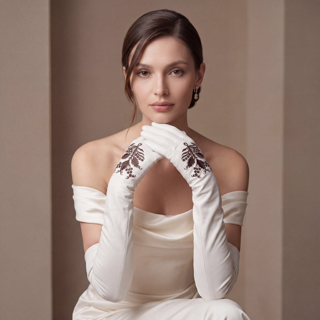 PZ01W14G (white) - Unlined Italian lambskin 16-button opera gloves with embroidery