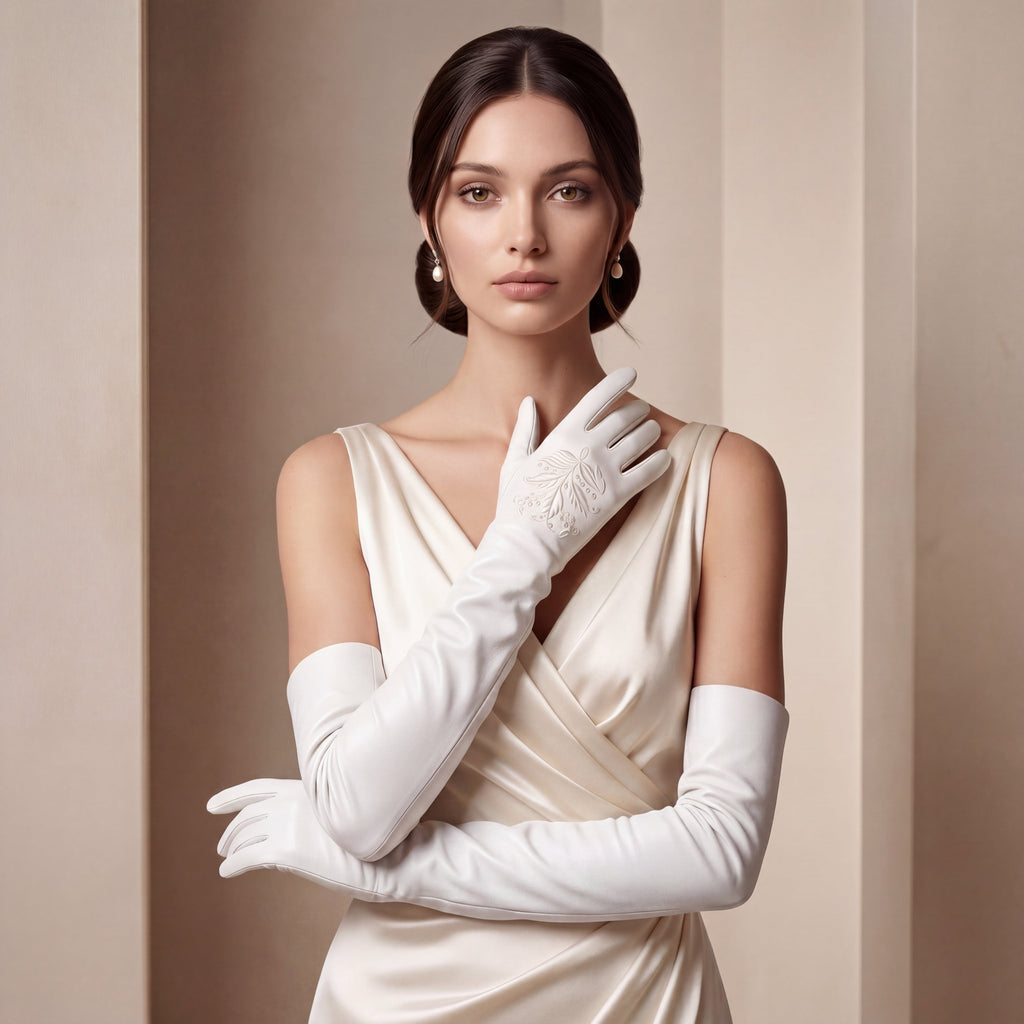 PZ01W14W (white) - Unlined Italian lambskin 16-button opera gloves with embroidery