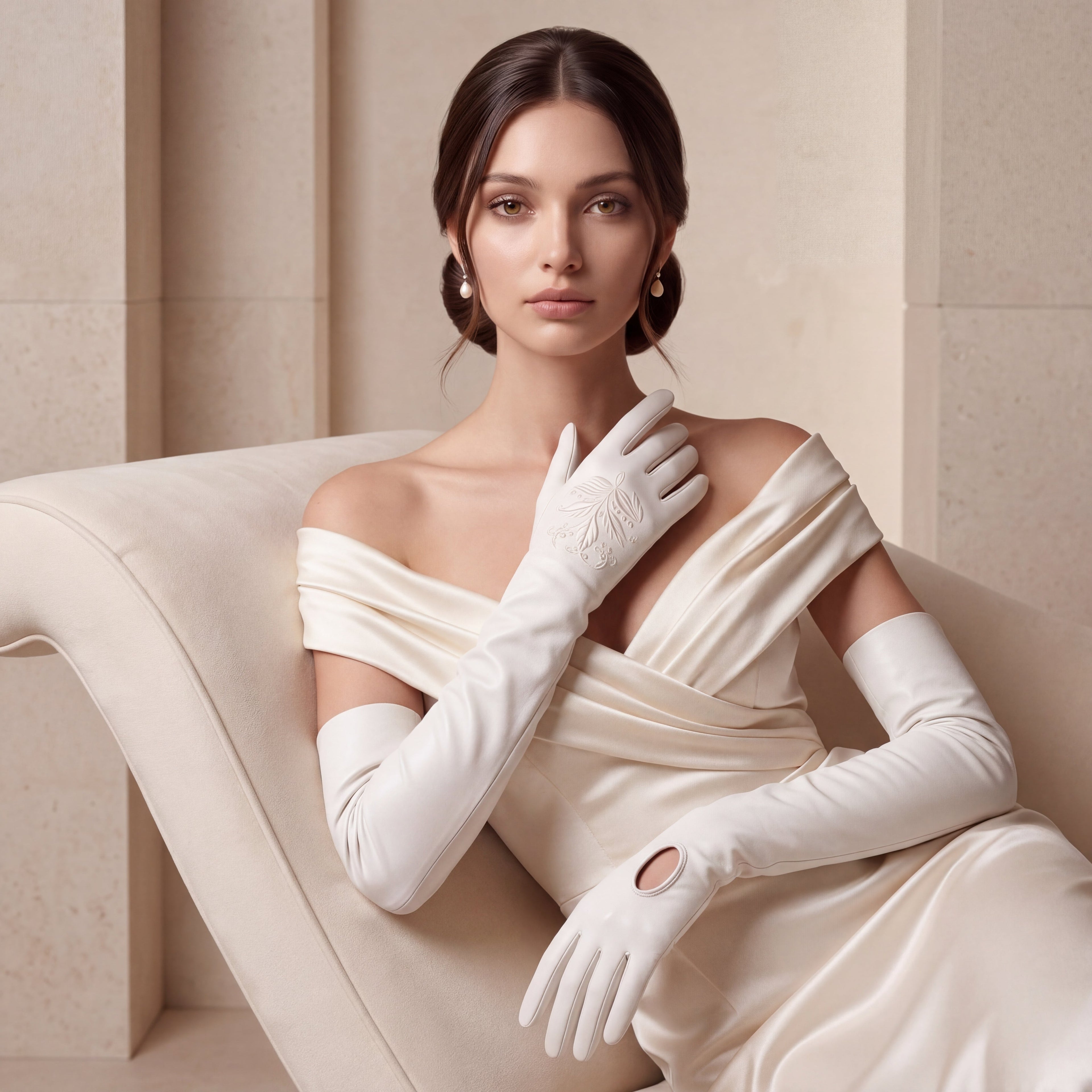 PZ01W14W (white) - Unlined Italian lambskin 16-button opera gloves with embroidery