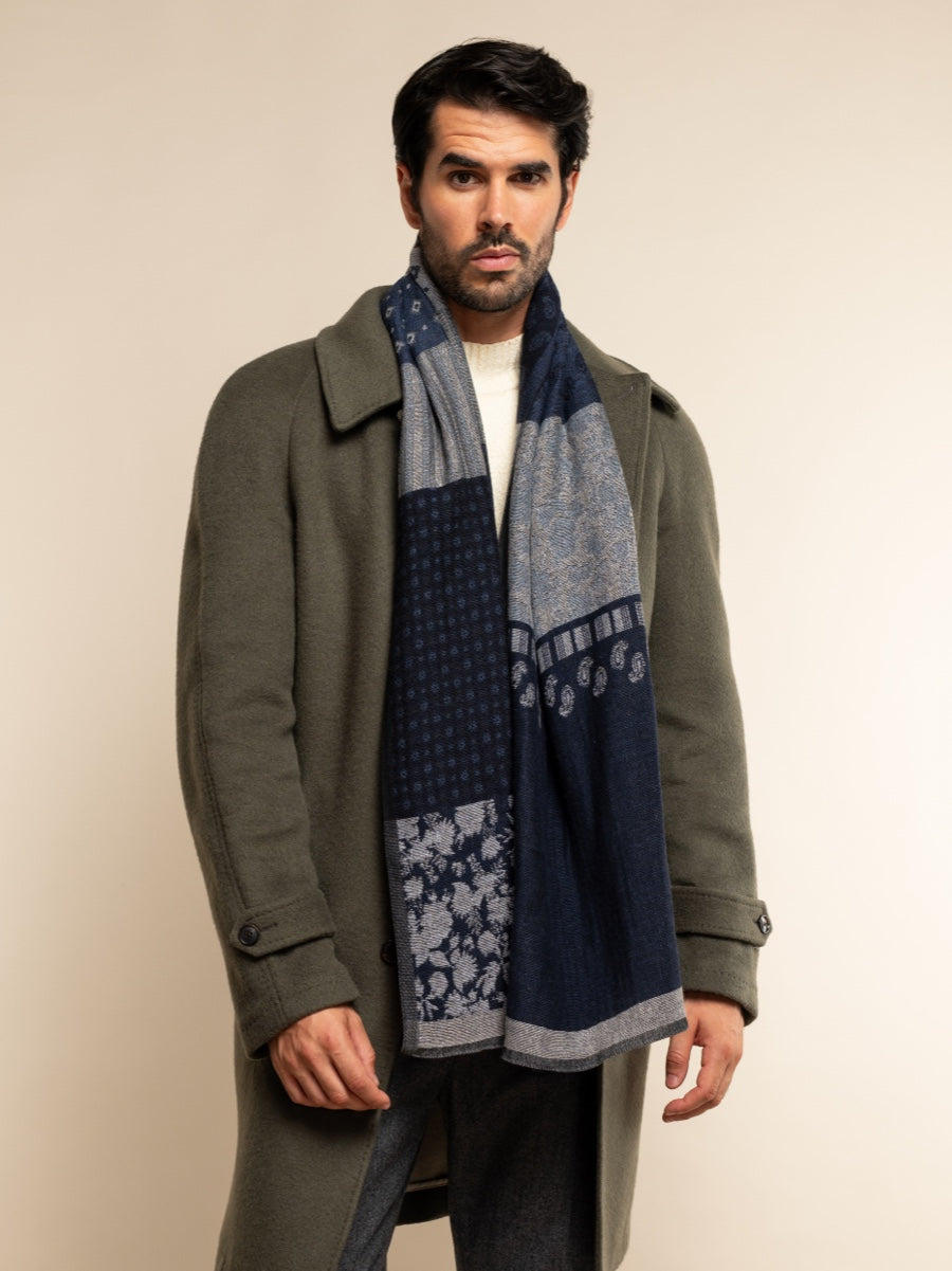 Federico (grey/blue) - Warm and soft Italian scarf from wool blend
