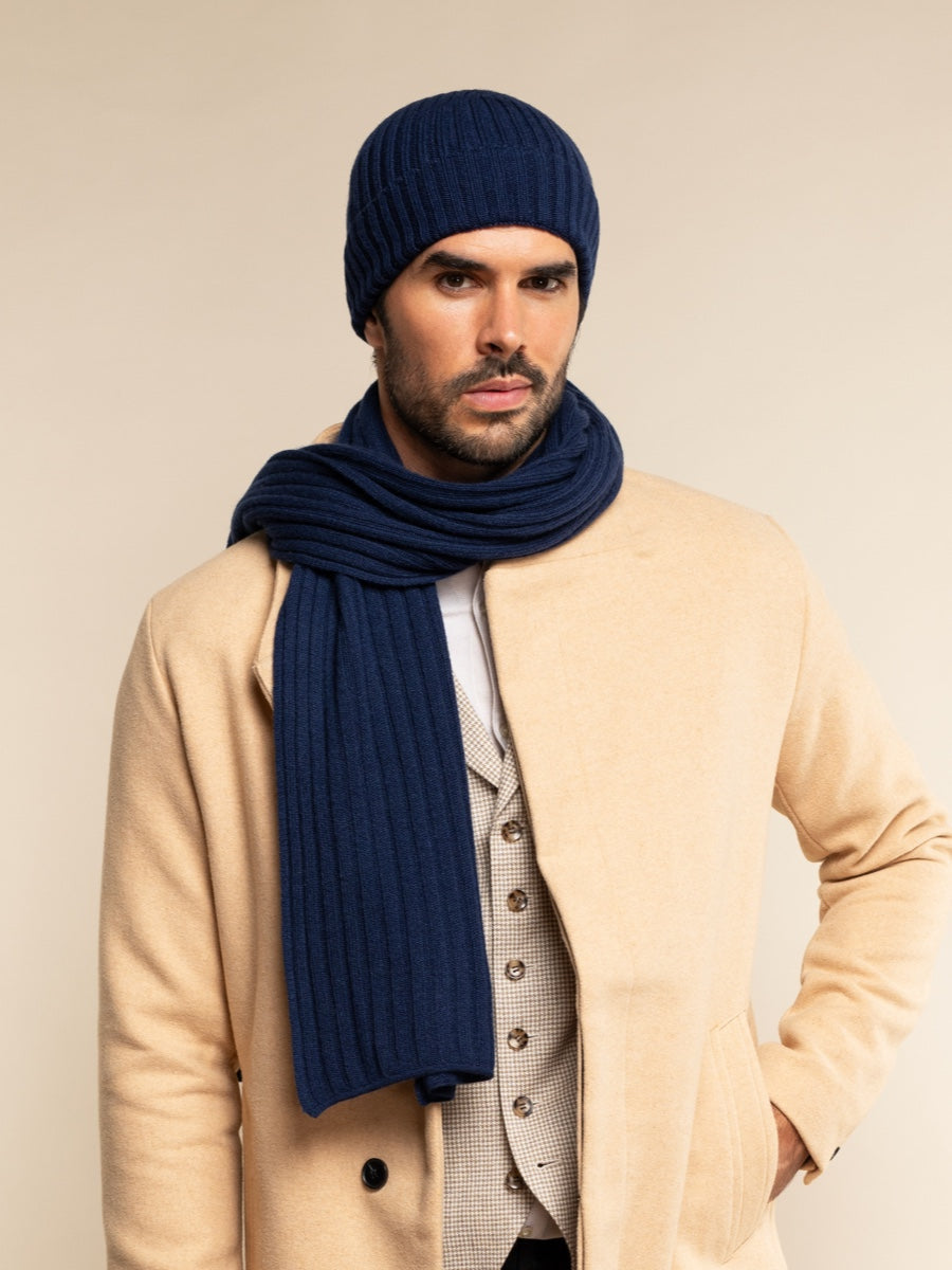 Napoli (navy blue) - Italian 100% cashmere ribbed scarf (unisex)