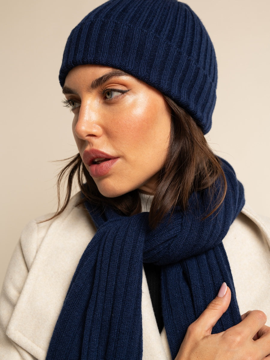 Napoli (navy blue) - Italian 100% cashmere ribbed scarf (unisex)