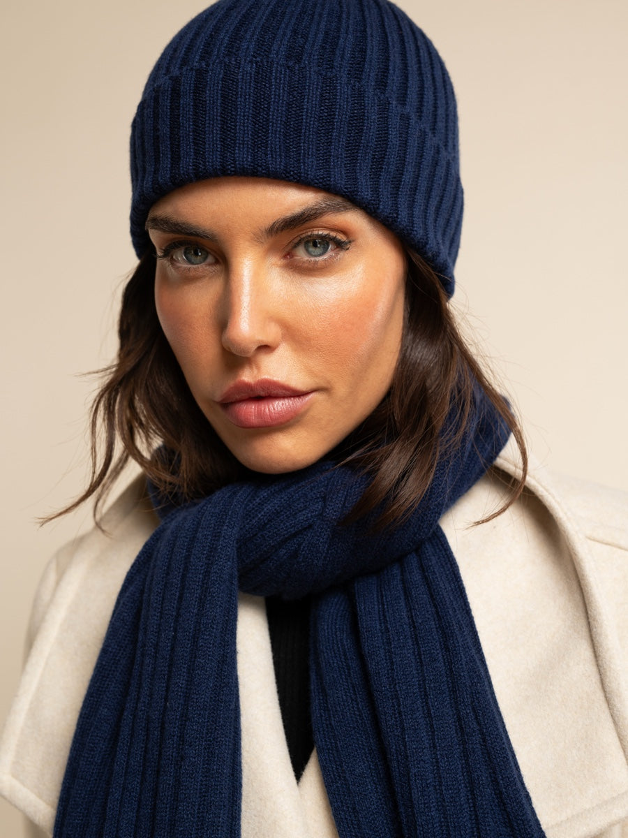 Napoli (navy blue) - Italian 100% cashmere ribbed scarf (unisex)