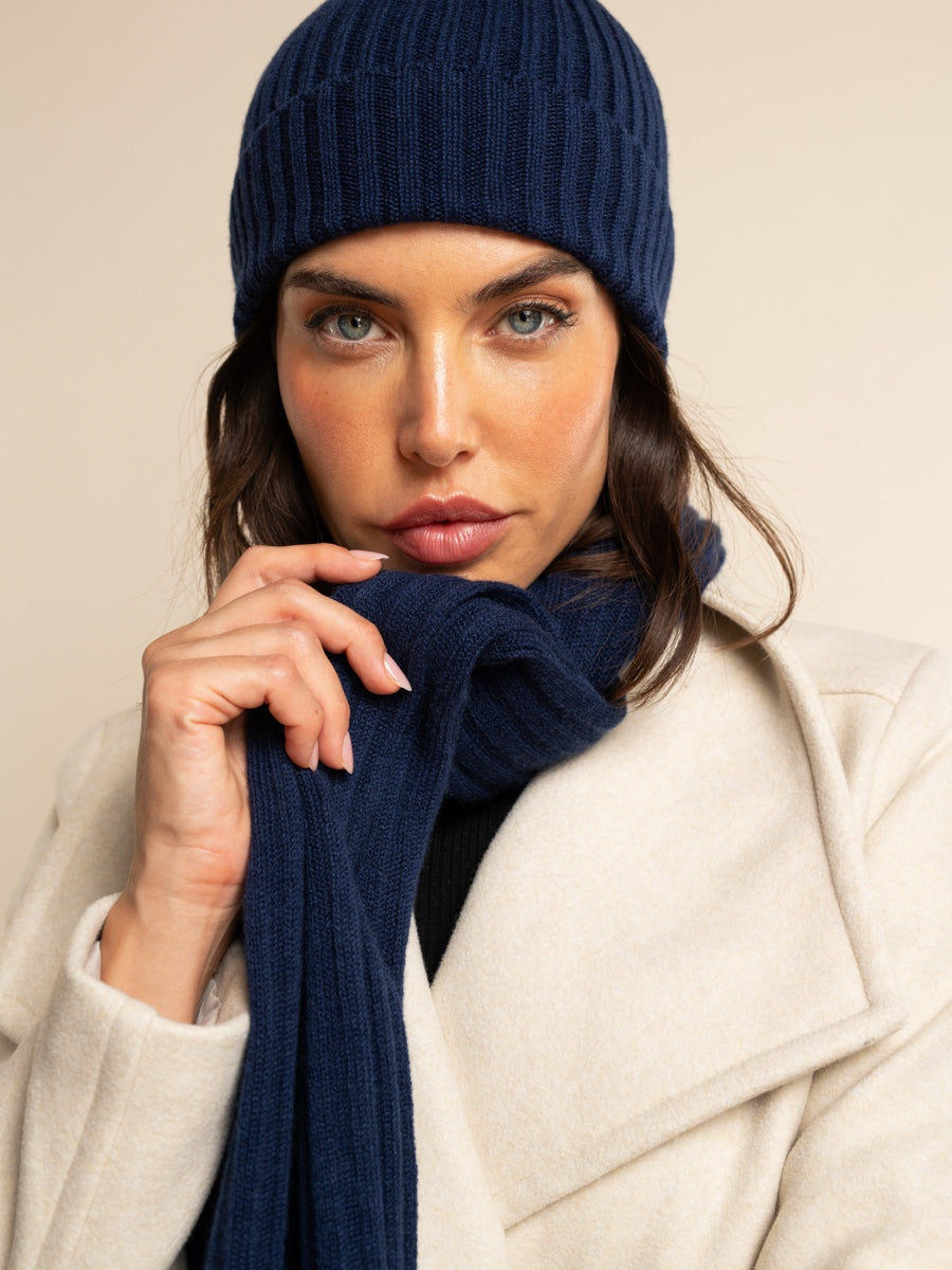 Napoli (navy blue) - Italian 100% cashmere ribbed scarf (unisex)