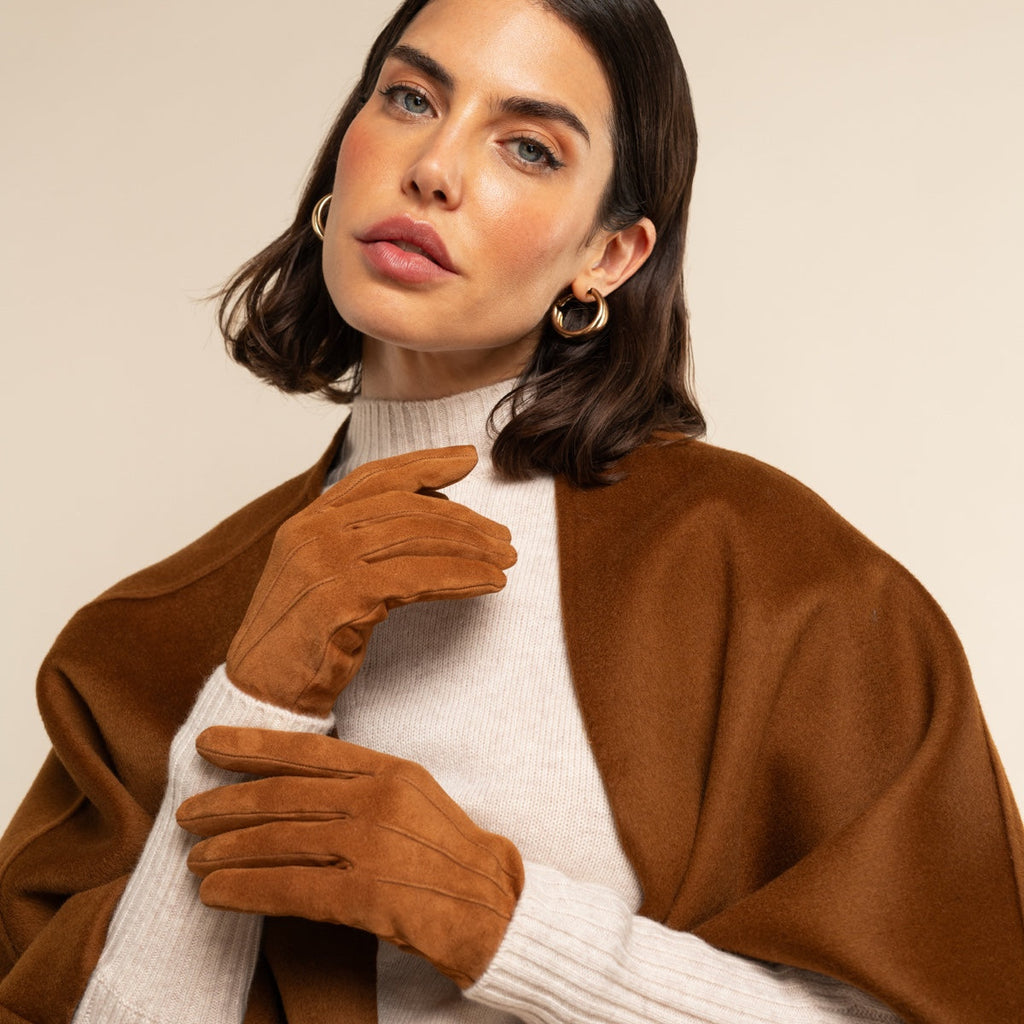 Silvia (cognac) - Italian suede leather gloves with luxurious cashmere lining
