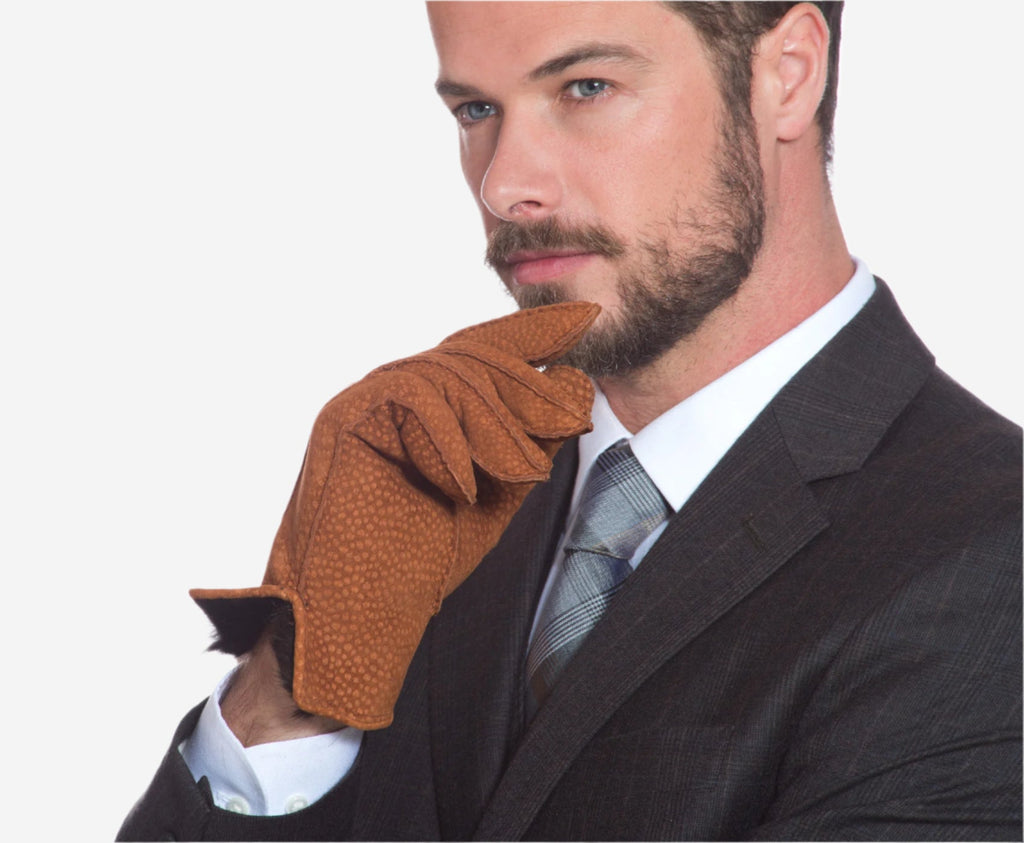 CA3633 (cork) - Handsewn Italian carpincho men’s rabbit fur-lined dress gloves