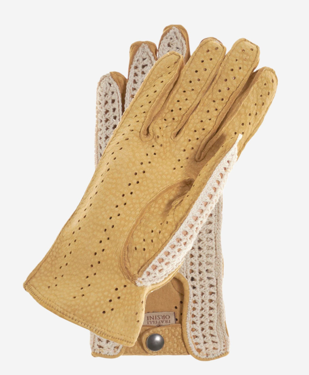 CA4620 (tan) - Women’s Italian crochet and carpincho leather driving gloves