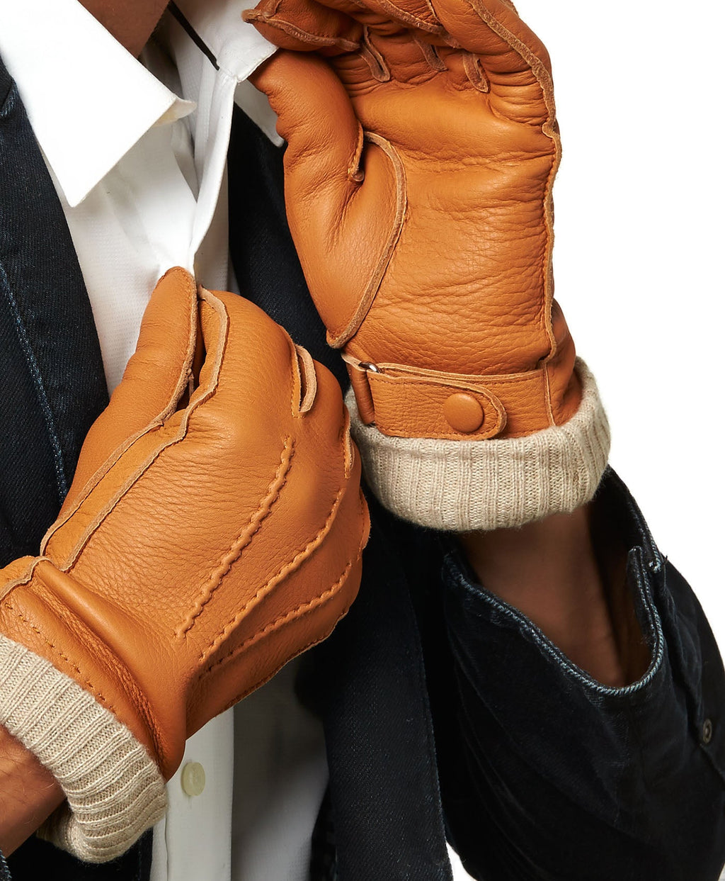 CC3115 (saddle) - Men's Italian deerskin leather gloves with cashmere lining