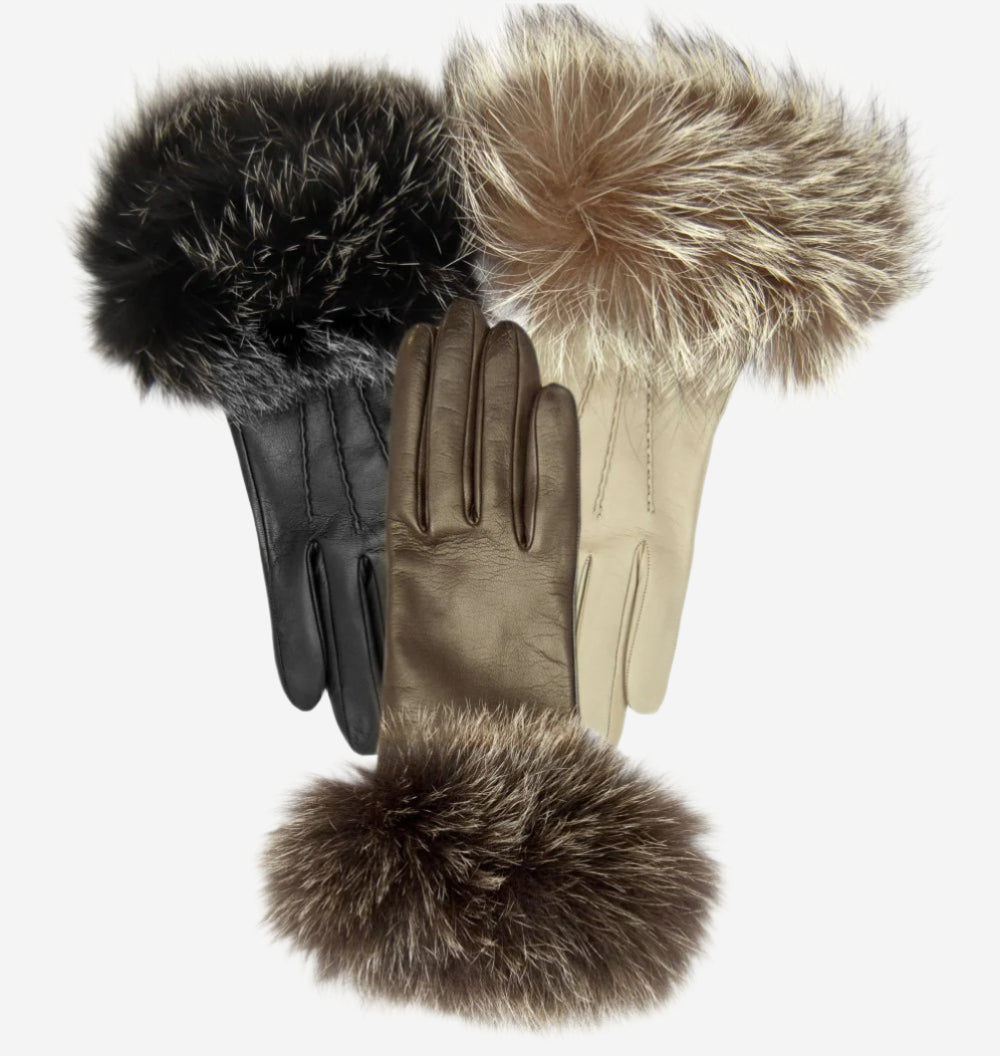 CC4066 (brown) - Women’s Italian fox fur cuff cashmere lined leather gloves