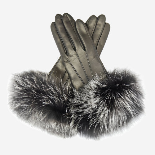 CC4066 (black) - Women’s Italian fox fur cuff cashmere lined leather gloves
