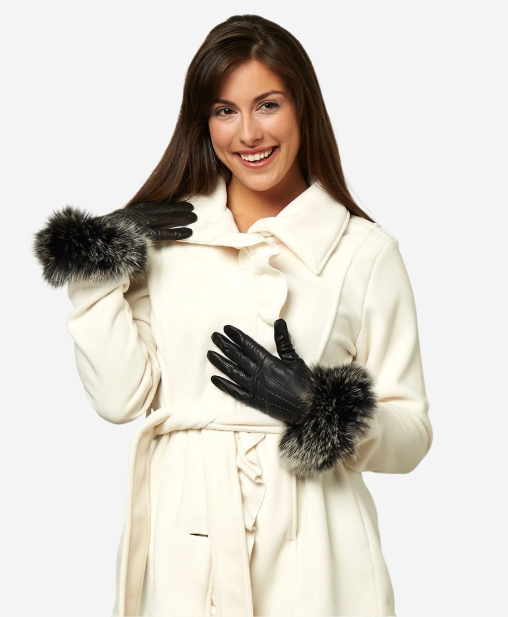 CC4066 (black) - Women’s Italian fox fur cuff cashmere lined leather gloves
