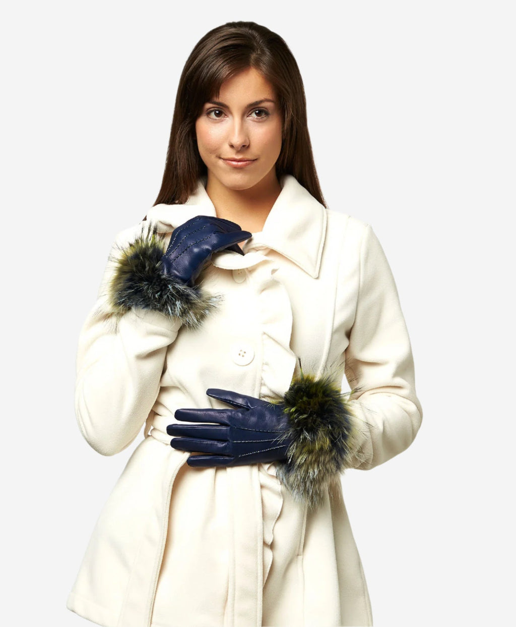 CC4066 (blue) - Women’s Italian fox fur cuff cashmere lined leather gloves