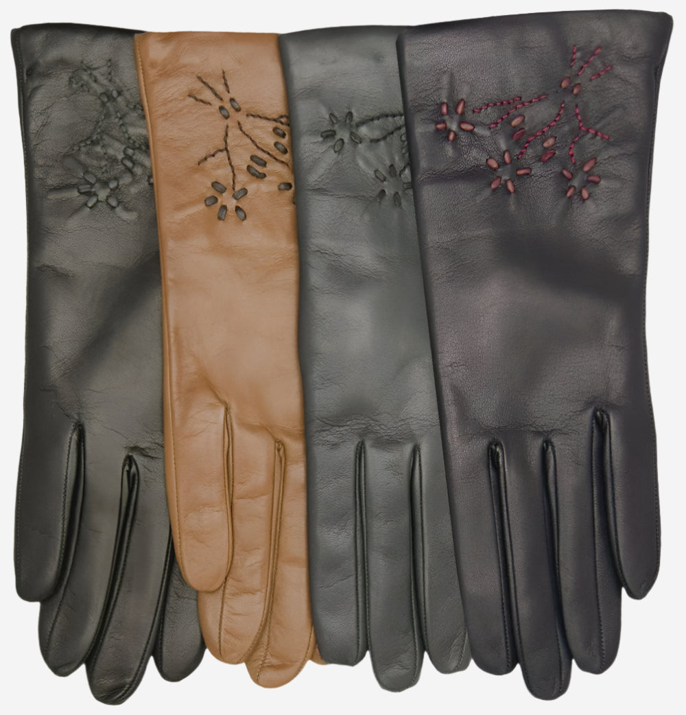 CC4101 (black) - Women’s Italian cashmere lined leather gloves with floral accents