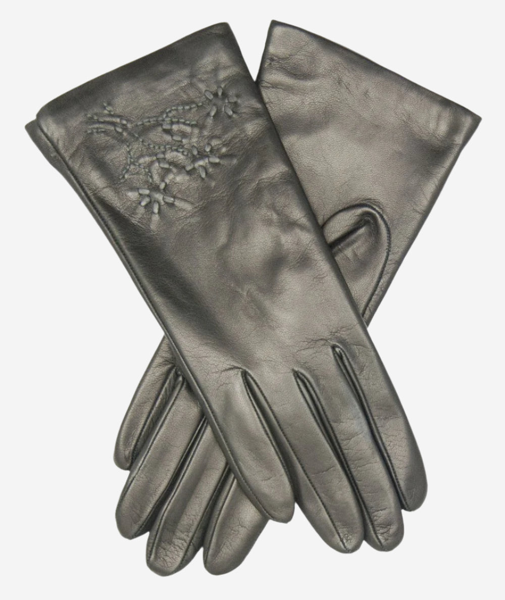 CC4101 (black) - Women’s Italian cashmere lined leather gloves with floral accents