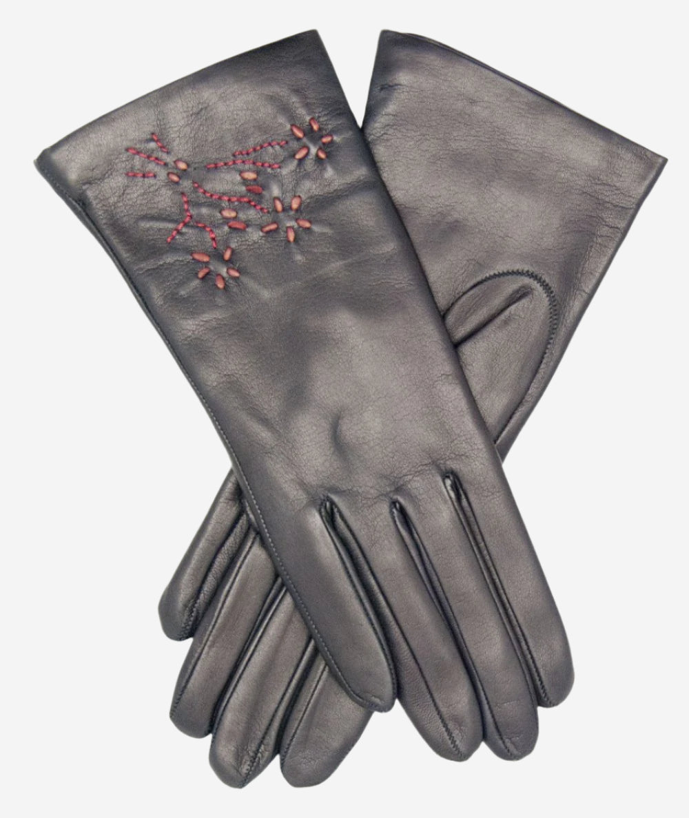 CC4101 (navy) - Women’s Italian cashmere lined leather gloves with floral accents