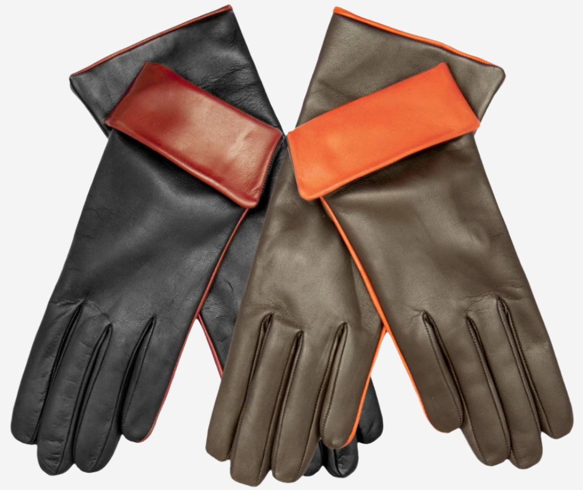 CC4141 (brown) - Women’s Italian cashmere lined leather gloves with contrast cuff