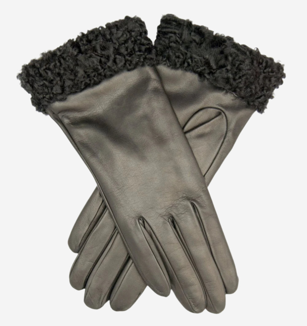 CC4172 (black) - Women’s Italian cashmere lined leather gloves with Persian lamb cuffs