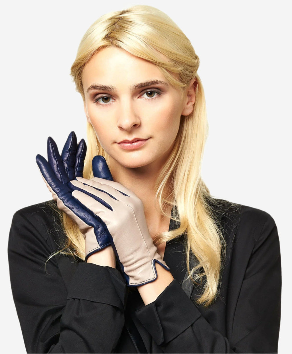 CC4313 (beige/blue) - Women’s two-tone Italian cashmere lined leather gloves