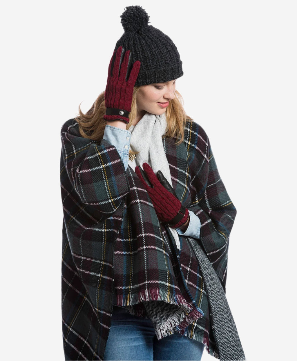 CC4510 (red) - Women’s Italian cable knit cashmere and leather winter gloves