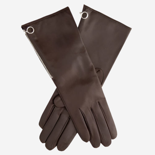 CC4879W8 (brown) - Elbow length Italian cashmere lined gloves with side zpper