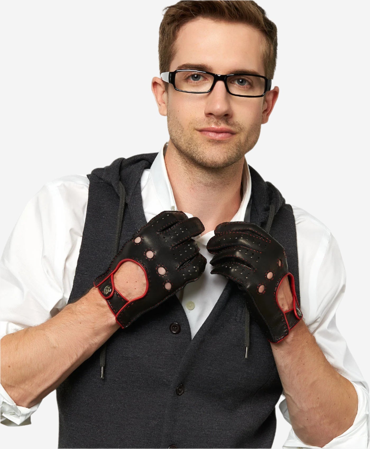CD3288 (black) - Handsewn Italian leather driving gloves with contrast welting