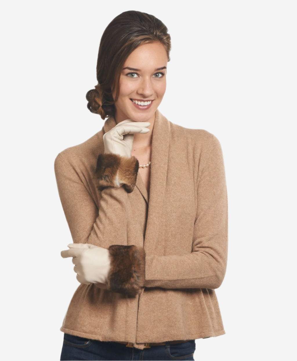 CR4450 (cream) - Women's Italian Orylag rabbit fur cuff cashmere lined winter leather gloves