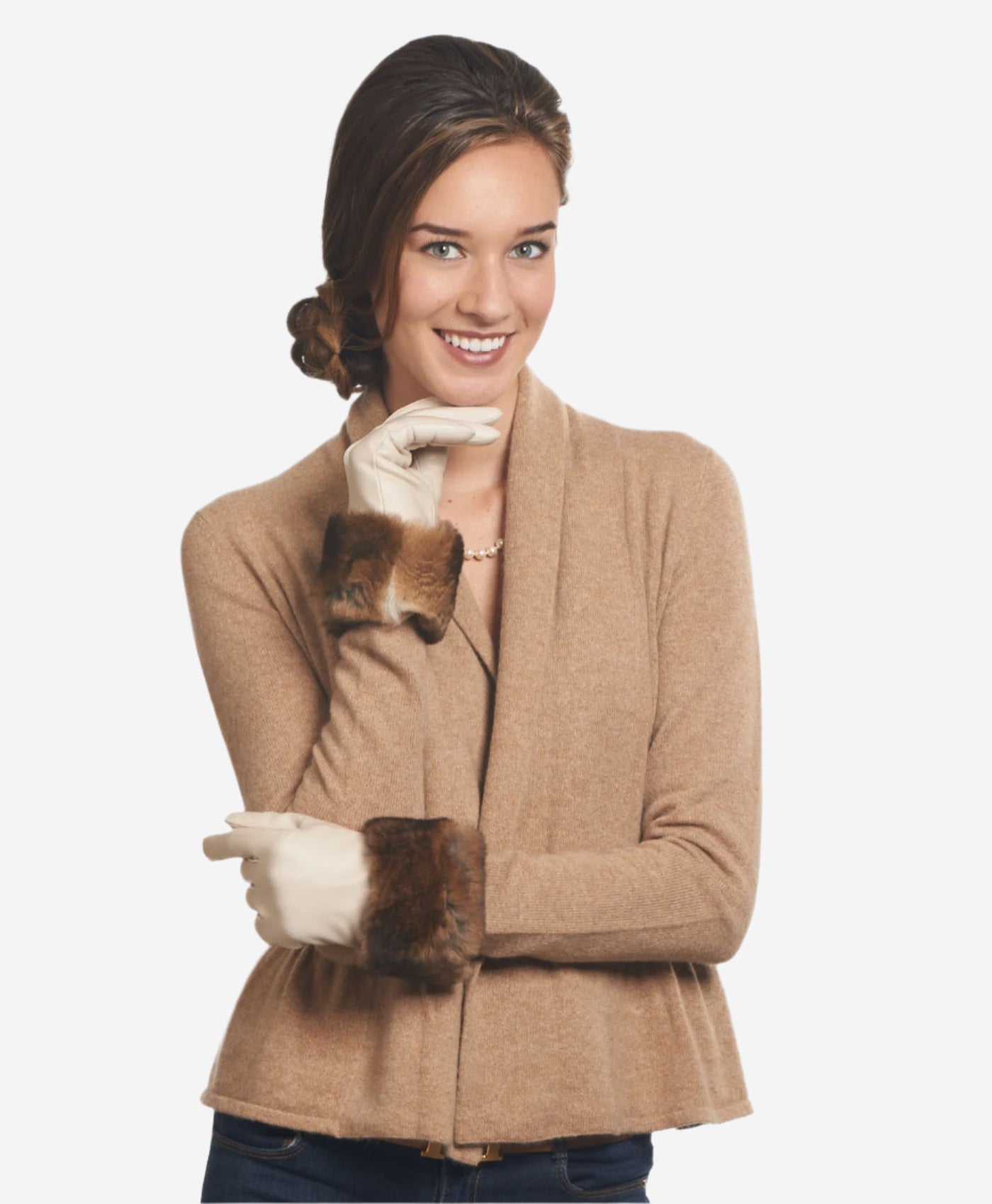 CR4450 (cream) - Women's Italian Orylag rabbit fur cuff cashmere lined winter leather gloves