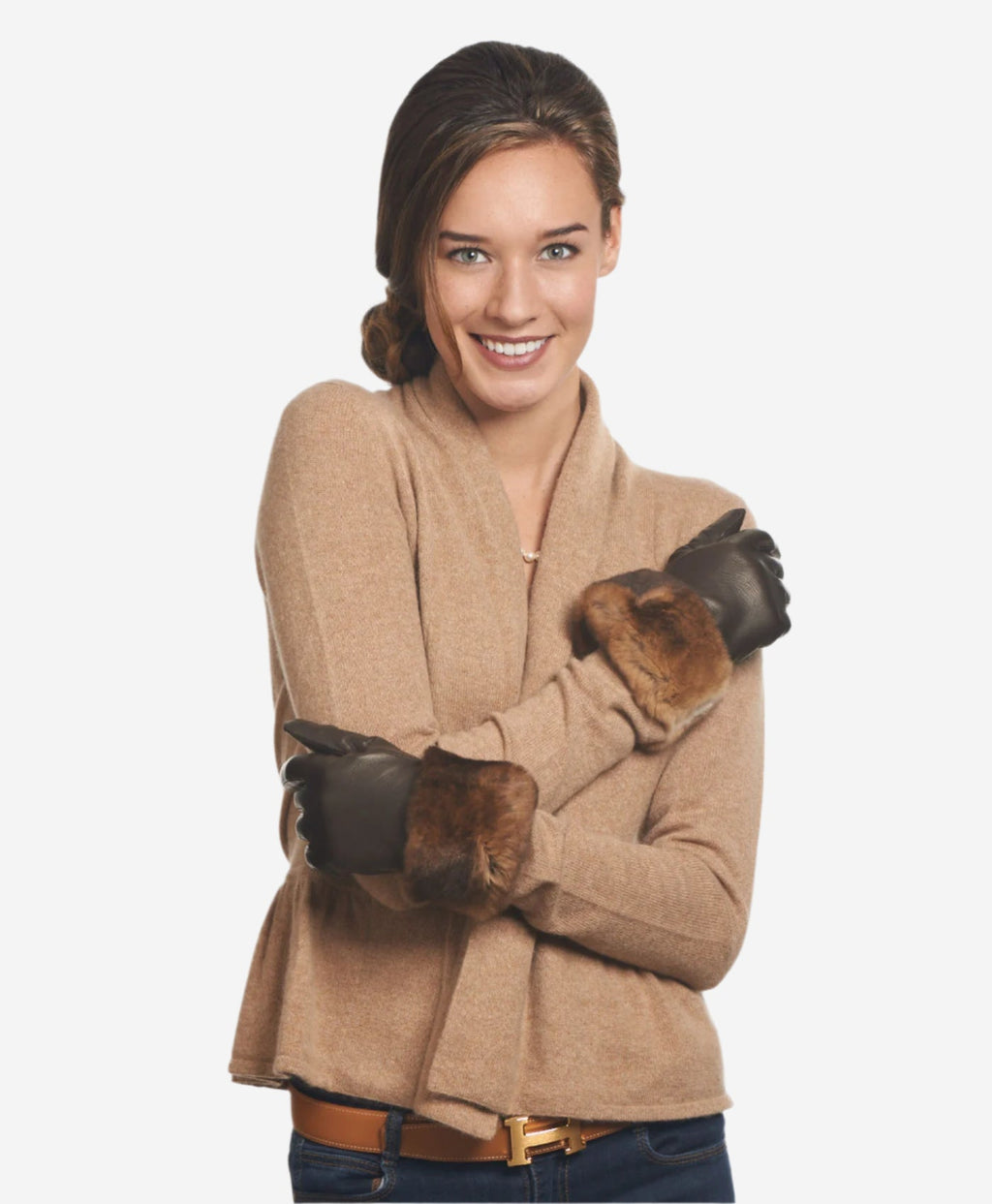 CR4450 (brown) - Women's Italian Orylag rabbit fur cuff cashmere lined winter leather gloves