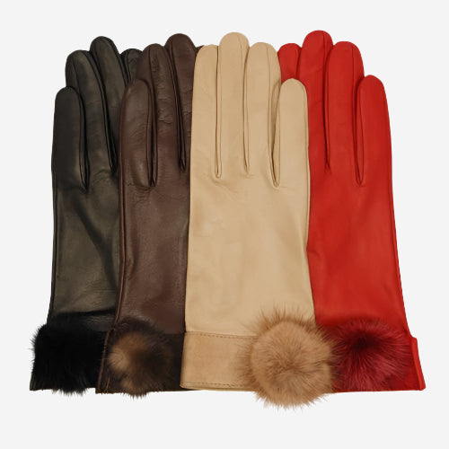 CS4033 (beige) - Women's Italian Silk Lined Lambskin Leather Gloves with Mink PomPom