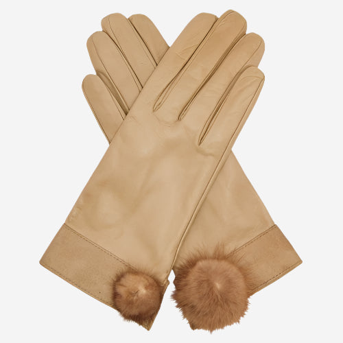CS4033 (beige) - Women's Italian Silk Lined Lambskin Leather Gloves with Mink PomPom