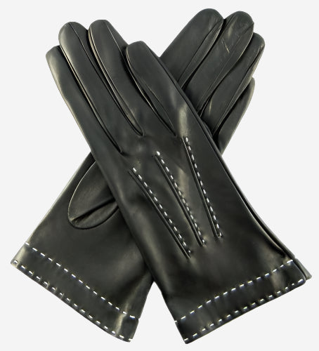 CS4204 (black) - Women's Italian Silk Lined Leather Gloves with Contrast Decorative Stitching