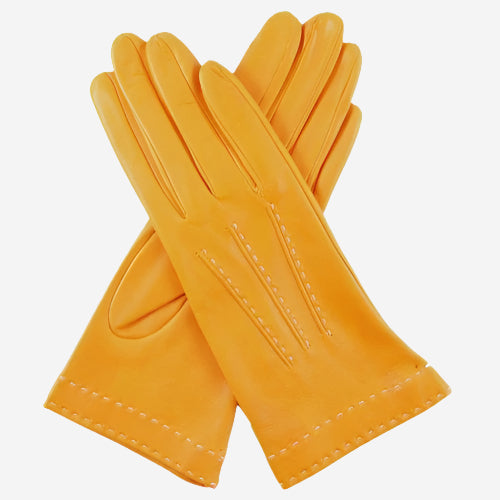 CS4204 (mustard) - Women's Italian Silk Lined Leather Gloves with Contrast Decorative Stitching
