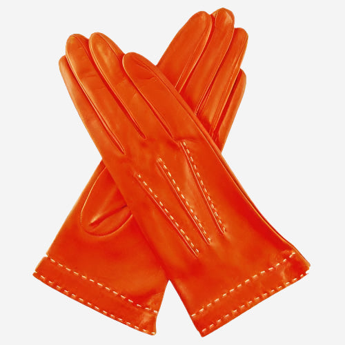 CS4204 (rust) - Women's Italian Silk Lined Leather Gloves with Contrast Decorative Stitching