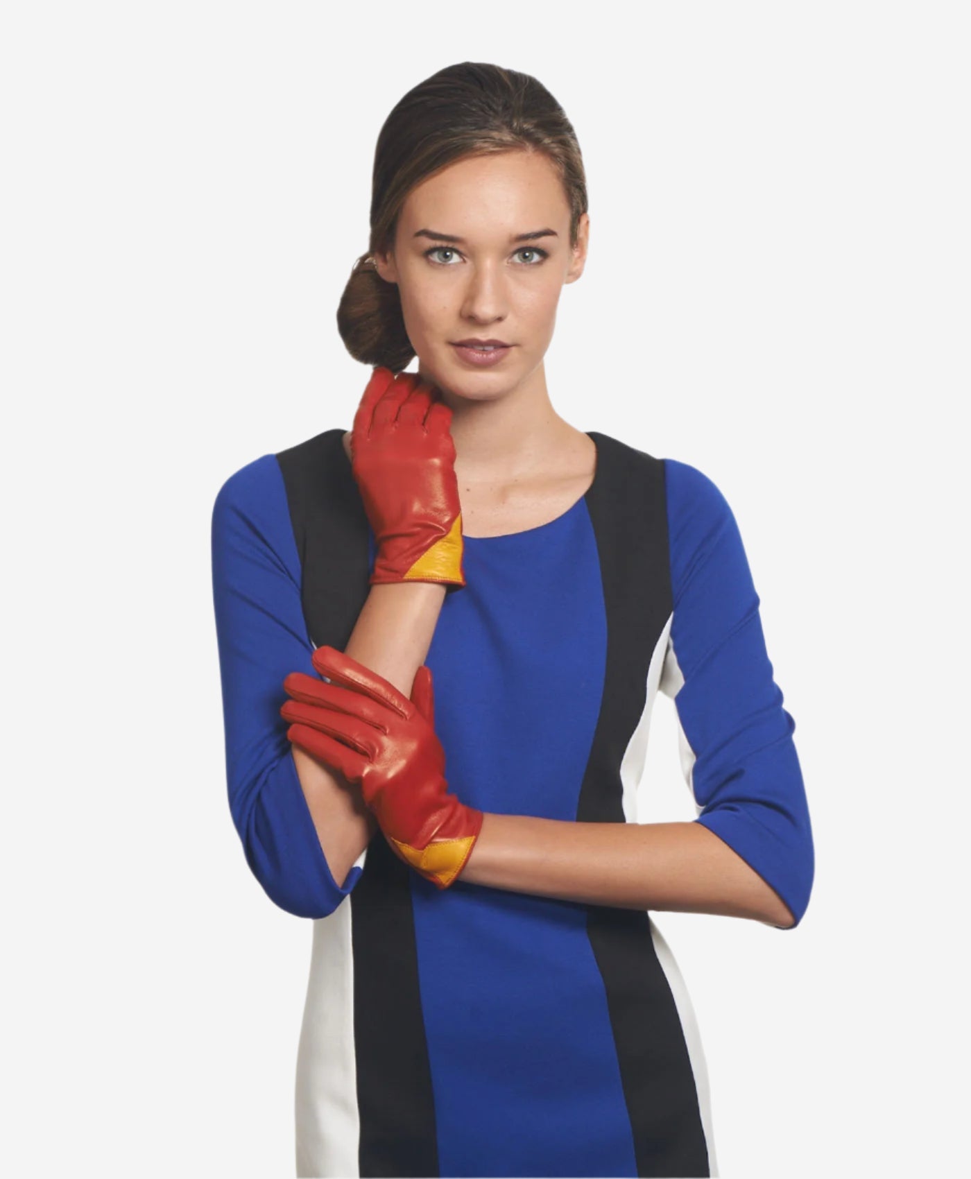 CS4414 (red/yellow) - Women's Italian Color Blocking Silk Lined Leather Gloves