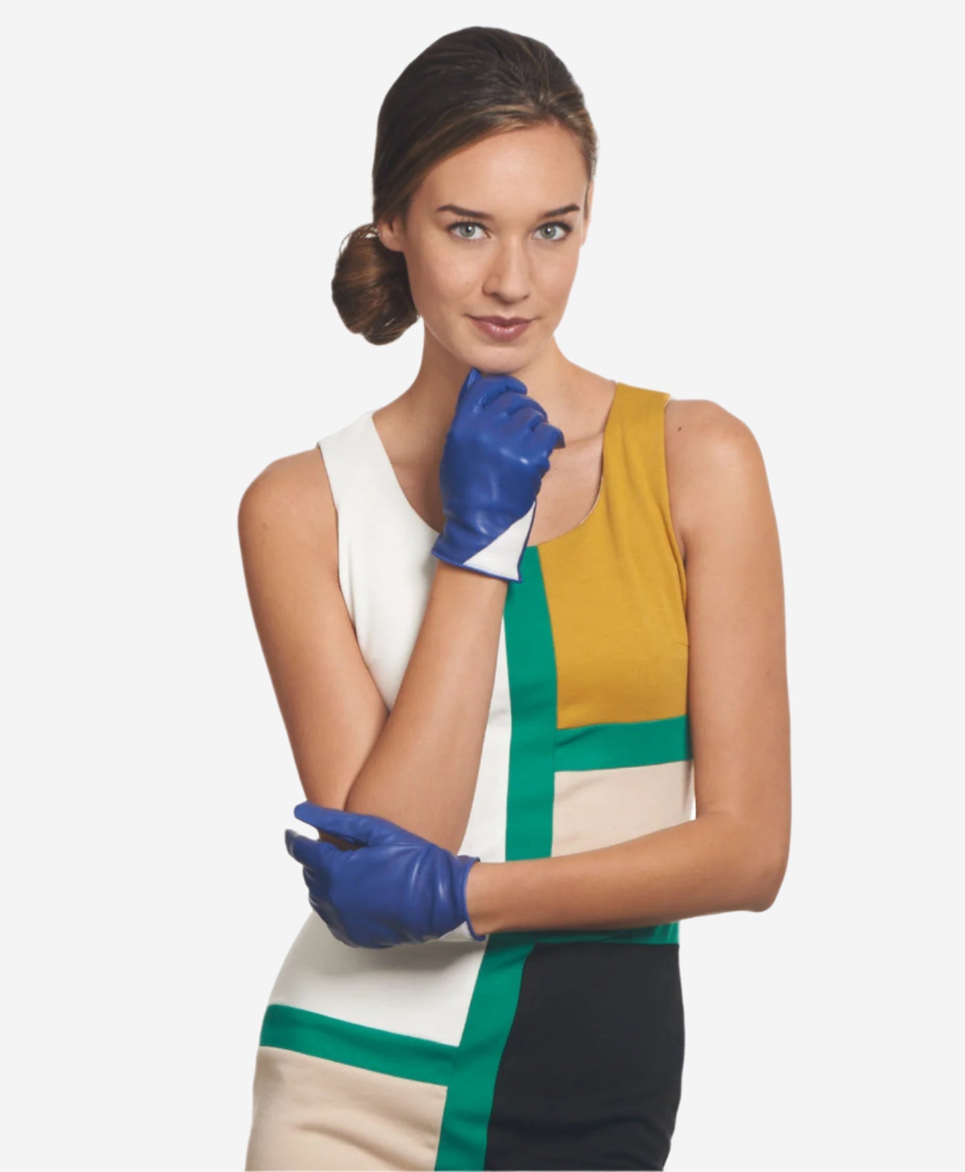 CS4414 (blue/cream) - Women's Italian Color Blocking Silk Lined Leather Gloves