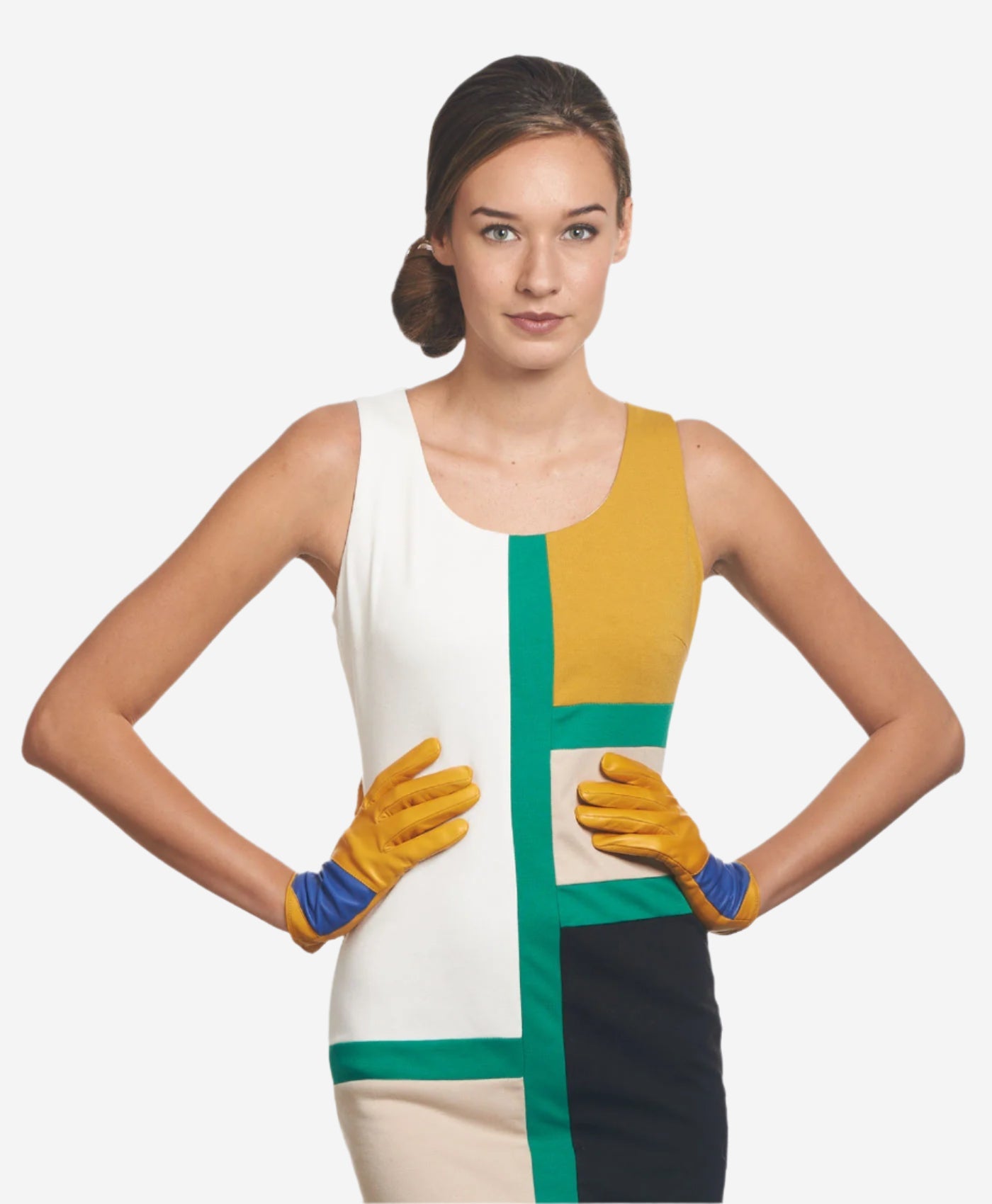 CS4416 (yellow/blue) - Women's Italian Color Block Silk Lined Leather Gloves