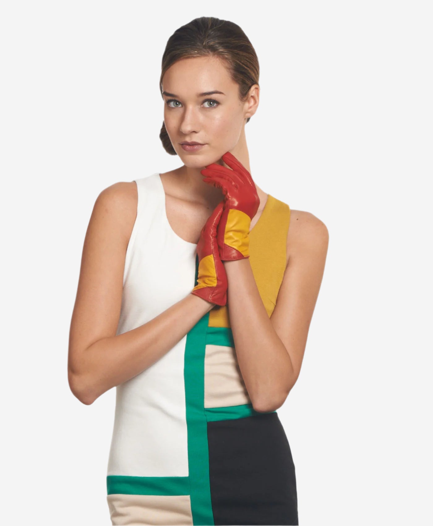 CS4416 (red/yellow) - Women's Italian Color Block Silk Lined Leather Gloves