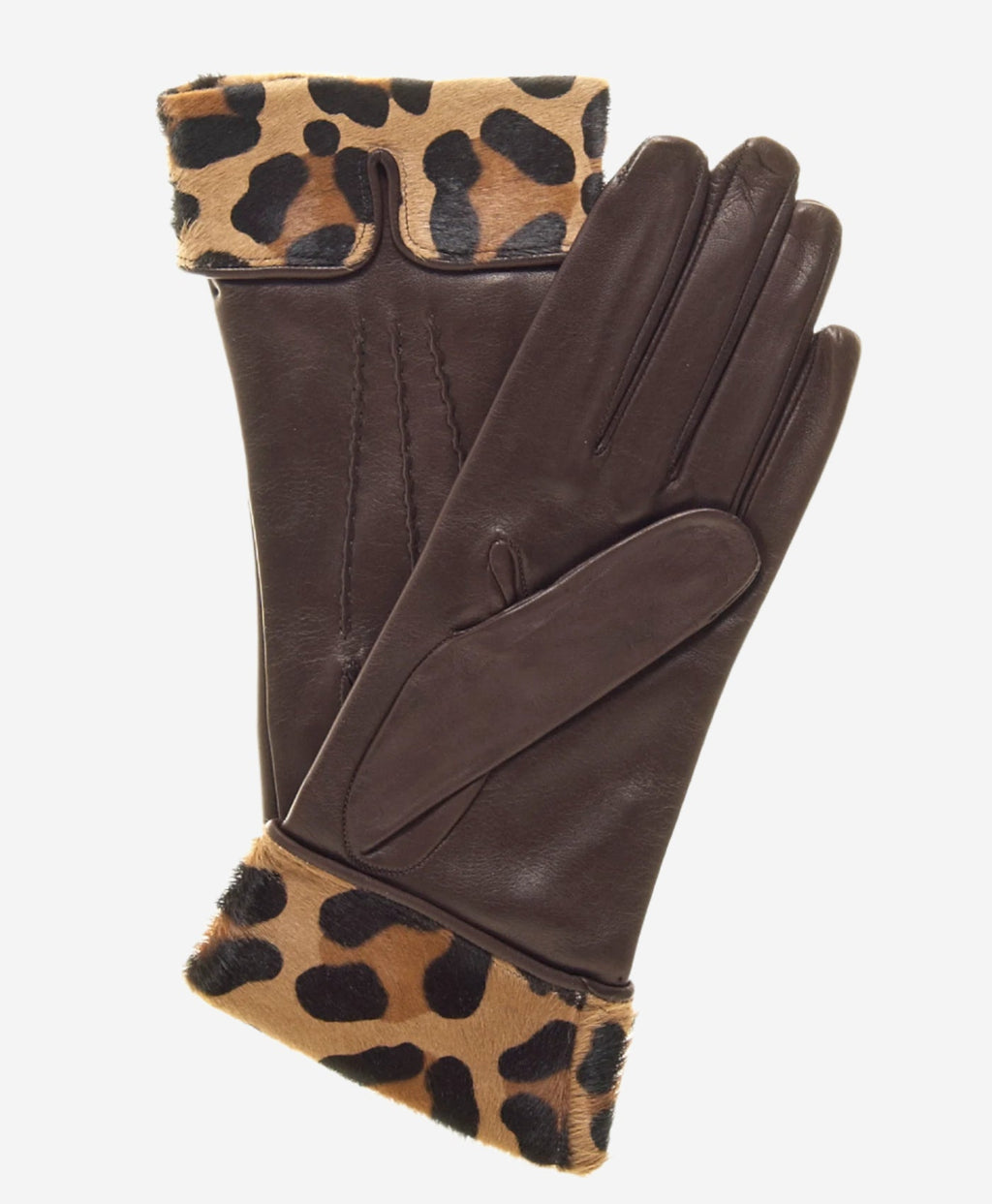 CS4837 (brown) - Women's Italian Silk Lined Lambskin Gloves with Leopard Print Pony Cuff