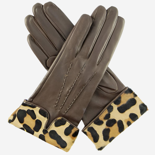 CS4837 (brown) - Women's Italian Silk Lined Lambskin Gloves with Leopard Print Pony Cuff
