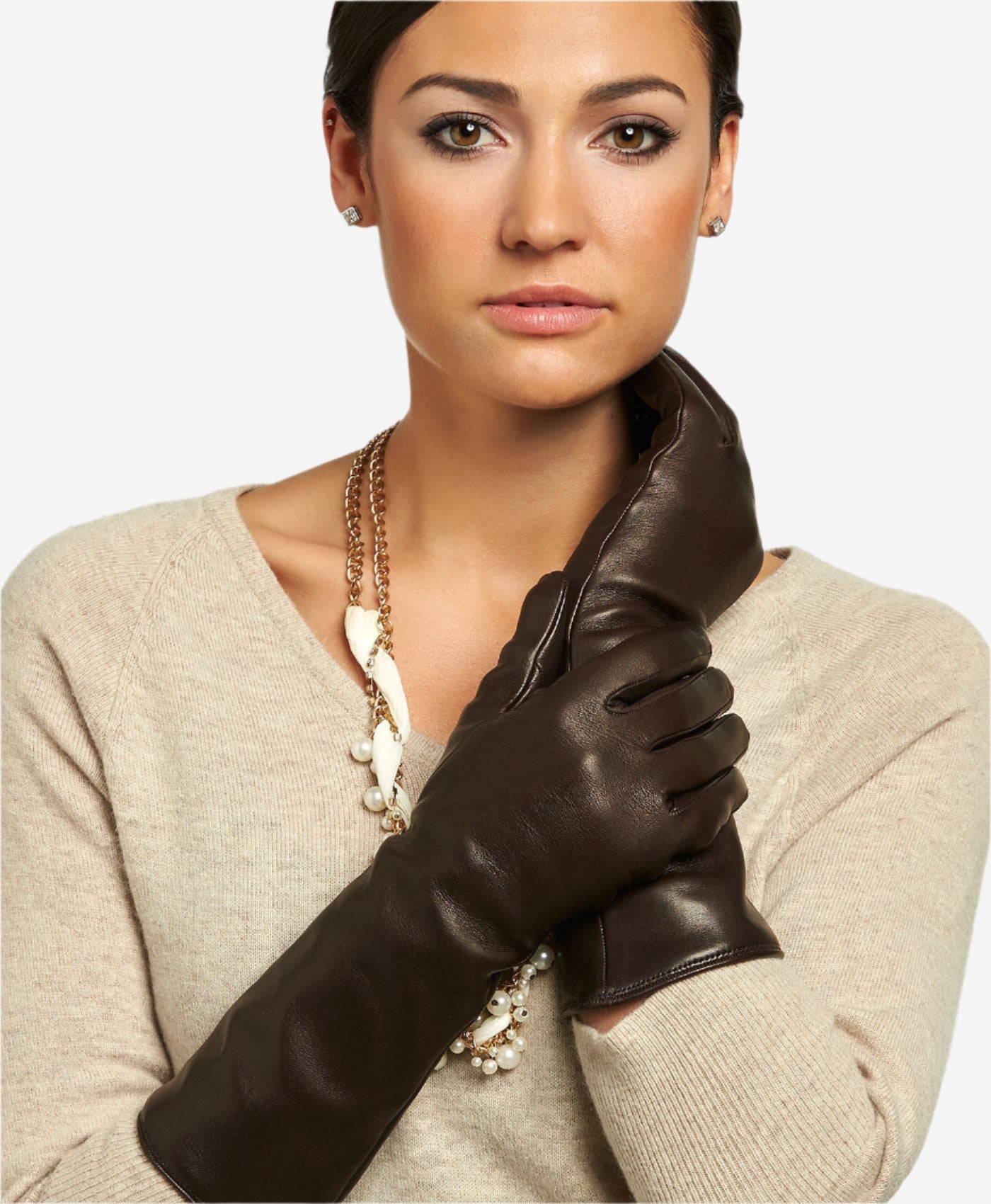 Leonora (brown) - Italian cashmere lined 6-button length leather gloves