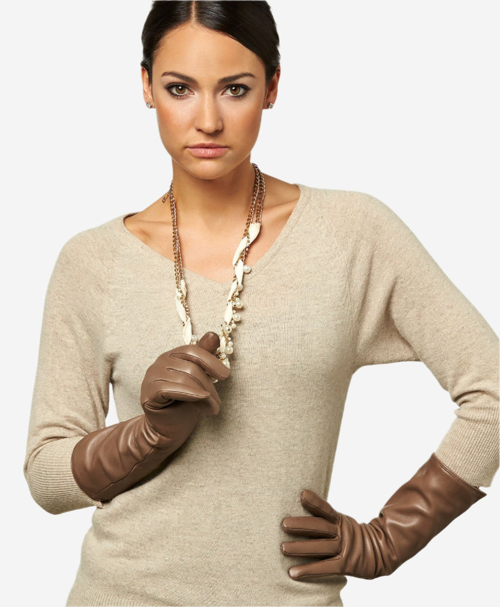 Leonora (taupe) - Italian cashmere lined 6-button length leather gloves