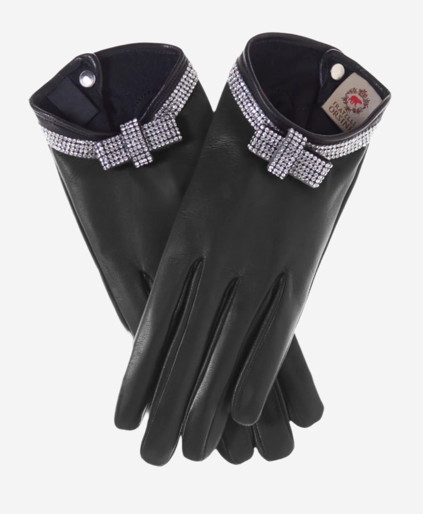 FS4321 (black) - Women's Italian silk lined leather gloves with Swarovski crystal bow
