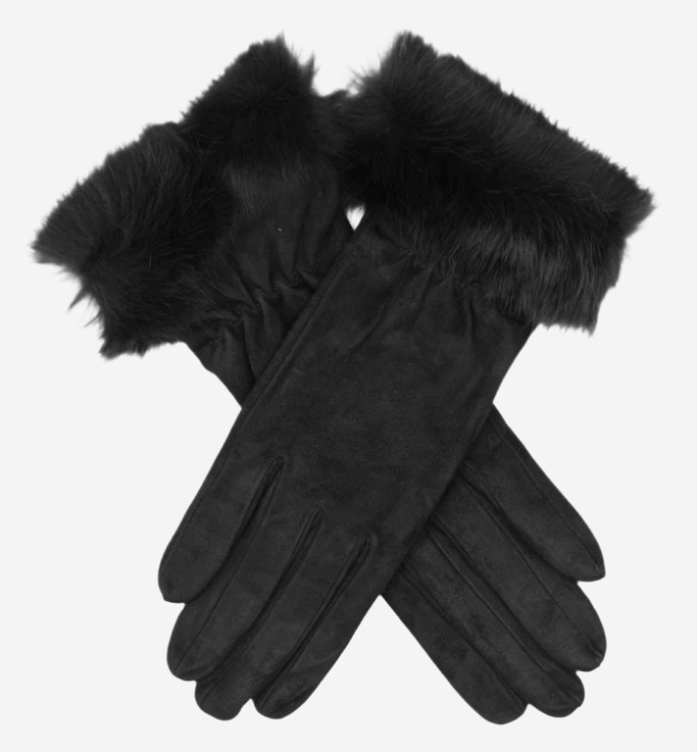 PA4125 (black) - Women's Italian suede gloves with merino wool lining and rabbit fur cuff